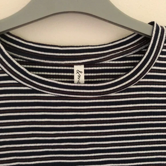 Navy & Brown Stripe ribbed tee with elbow length sleeve - Picture 2 of 3